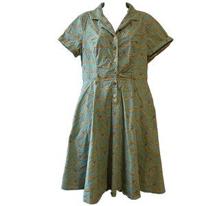 Vintage Ixia Weiner Dog Love Shirt Dress Fit & Flare Green Polka Dot Women XL